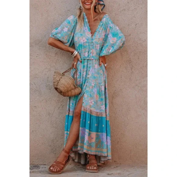 SPELL Maxi Dress Hibiscus Lane Button Lagoon Blue Turquoise M