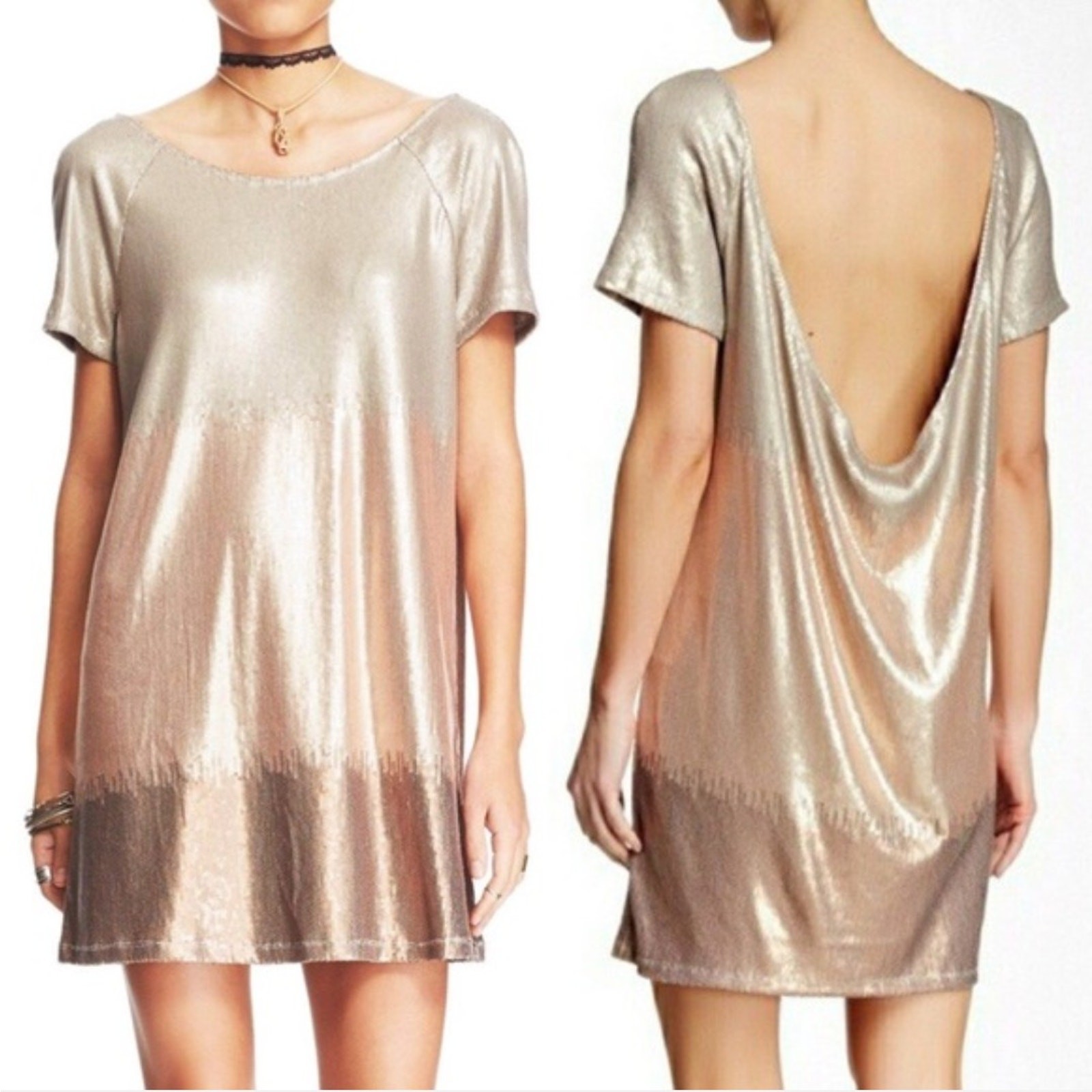 Free People Drenched Sequins Ombre Shift Mini Dress Large Open Back Boho Chic