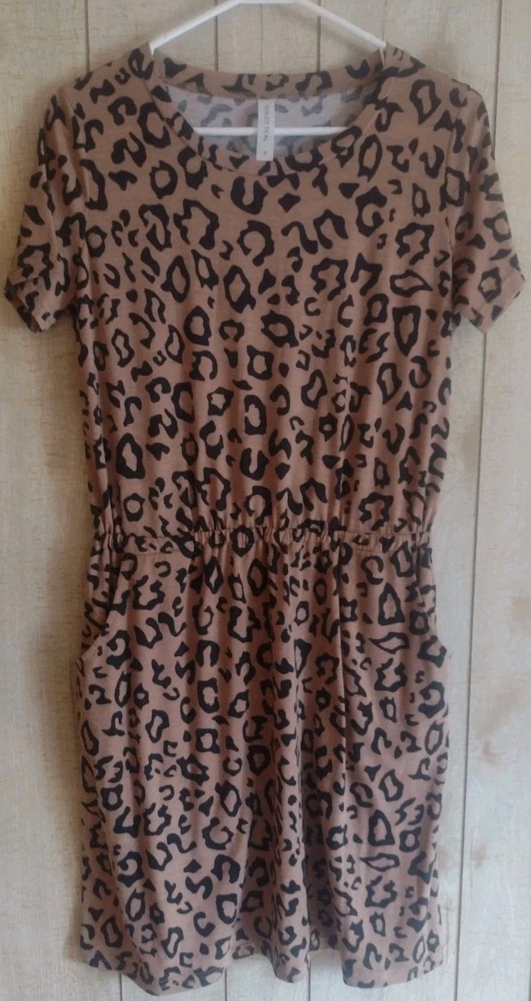 Leopard Print Dress Women’s Tan Black Elastic Waist by Tickled Teal – Size Small