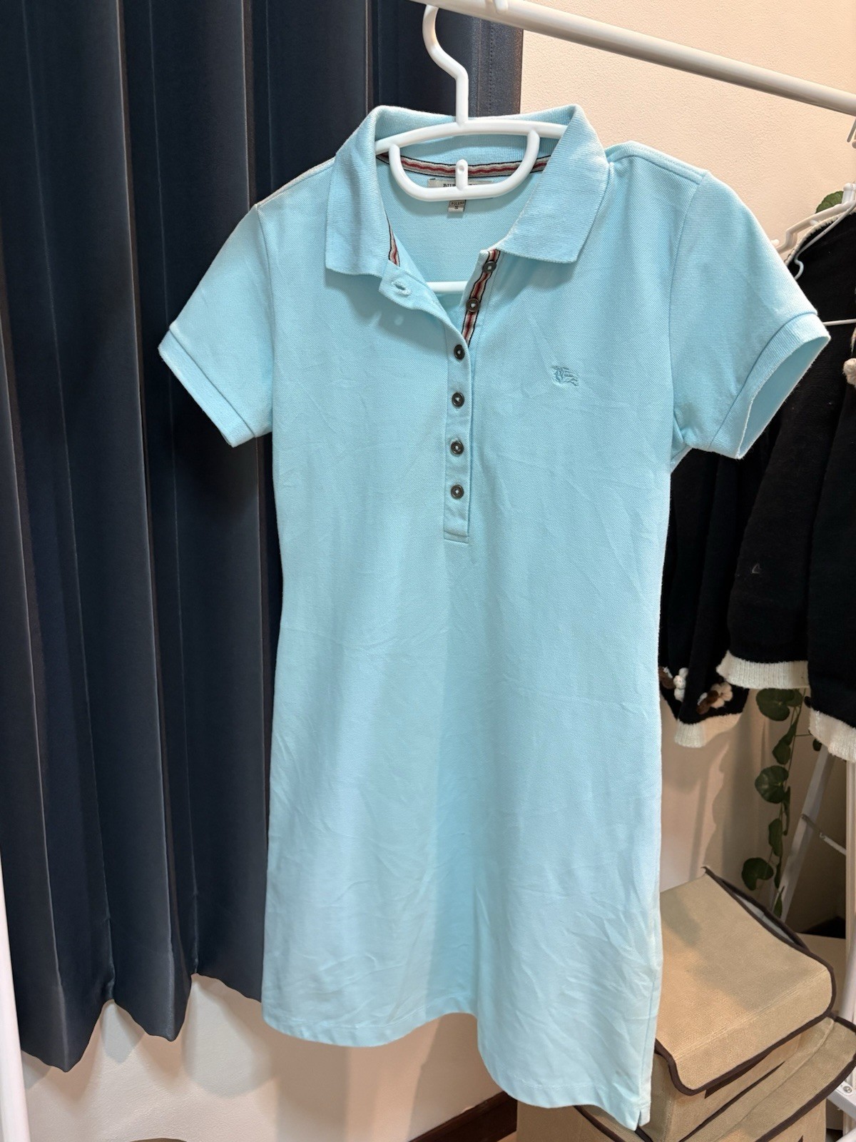 Burberry Brit Women Polo Dress Sky Blue Pique Check Placket Short Sleeve [S]