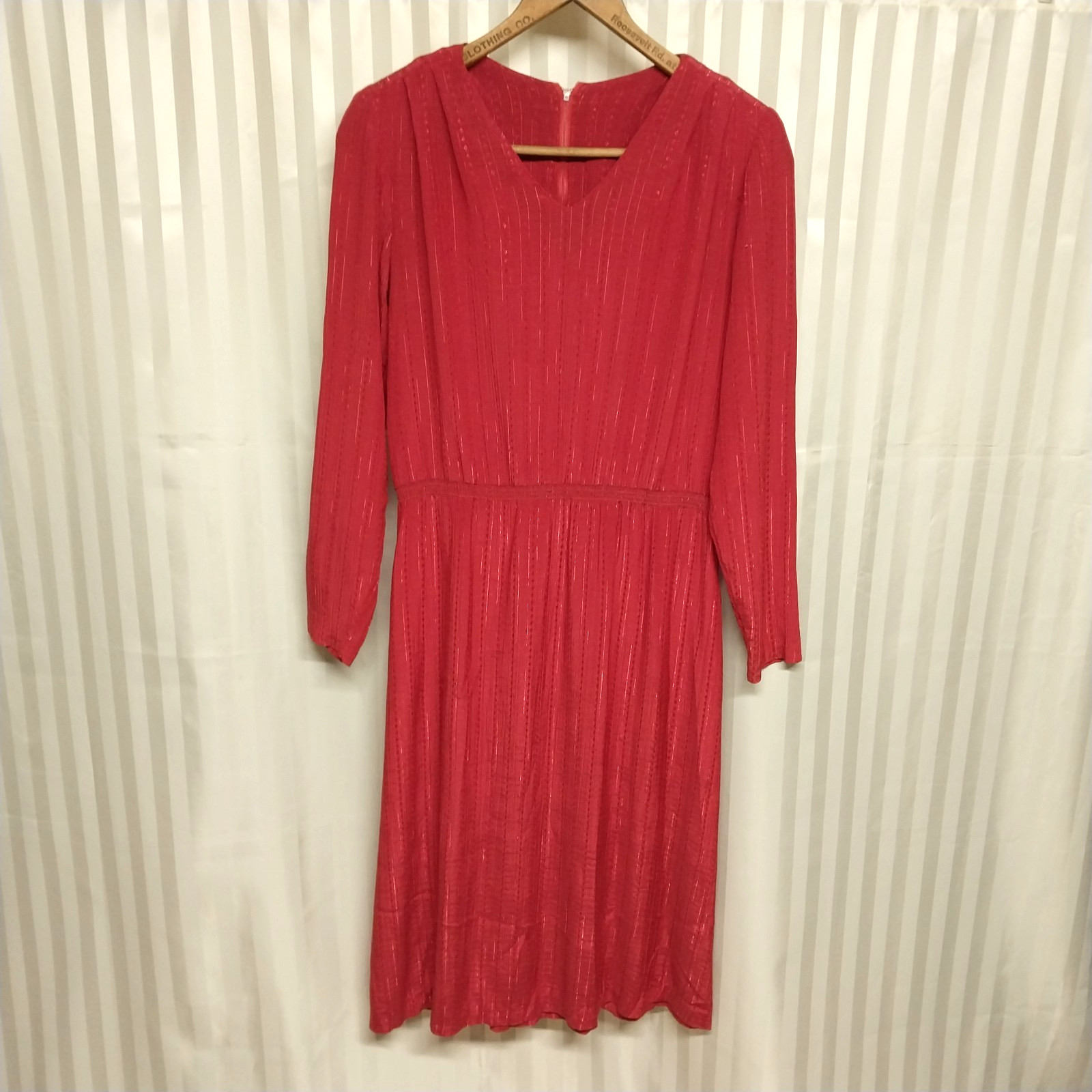 Vintage 1980s Red Plum Stripe Embroidered Midi Secretary Dress V Neck Size Small