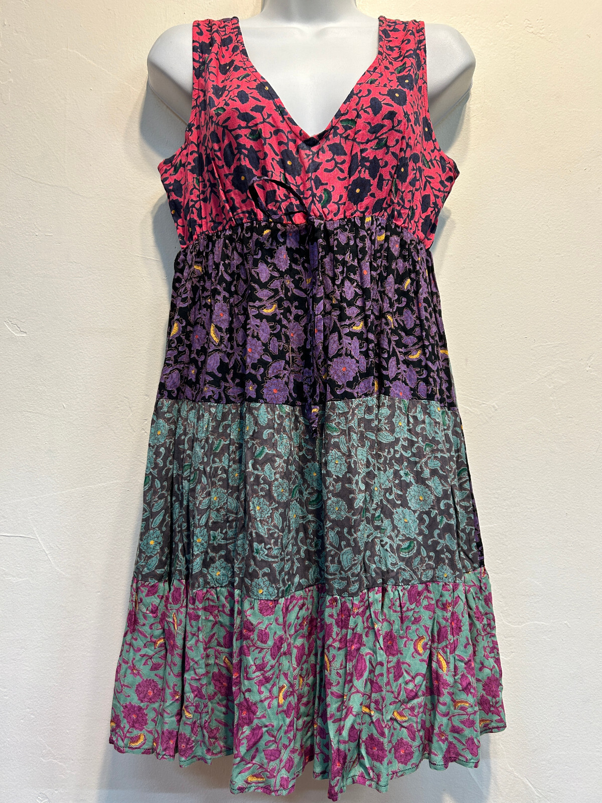 Nwt SACRED THREADS boho floral funky hippie rayon tier tank DRESS L Free shipp