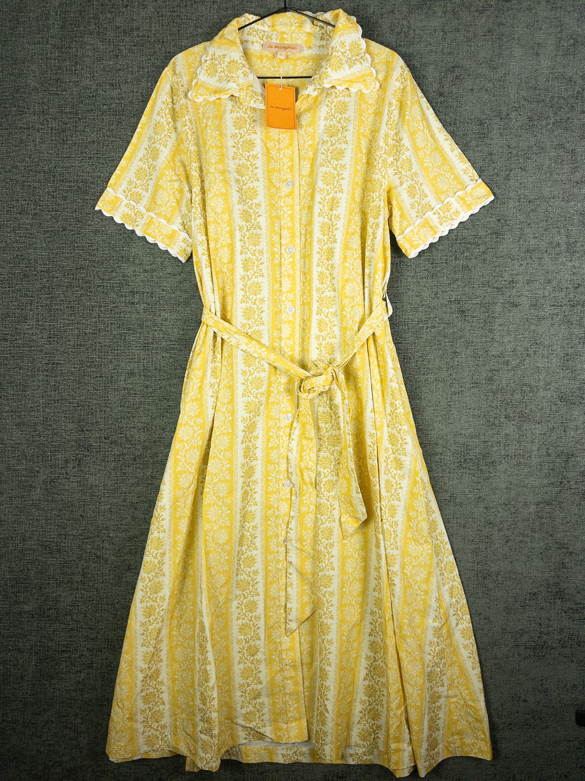 NWT La Maregold Floral Stripe Midi Dress Womens L Yellow Cottagecore Scallop Hem