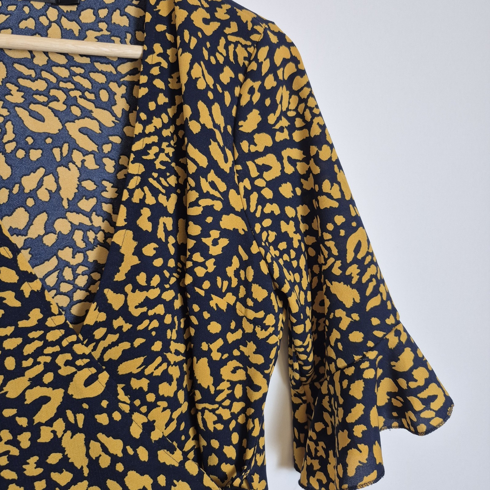 CY S/M Black Yellow Ruffle Frill Wrap Dress 3/4 Sleeve Tea Dress