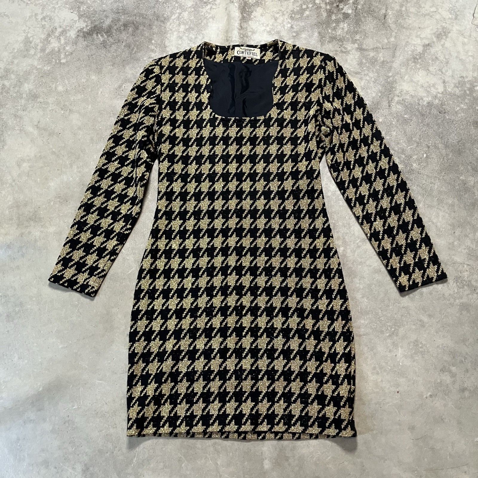 Cortefiel Dress Womens Size 42 Houndstooth Black Gold Vtg Shoulder Pads Mini