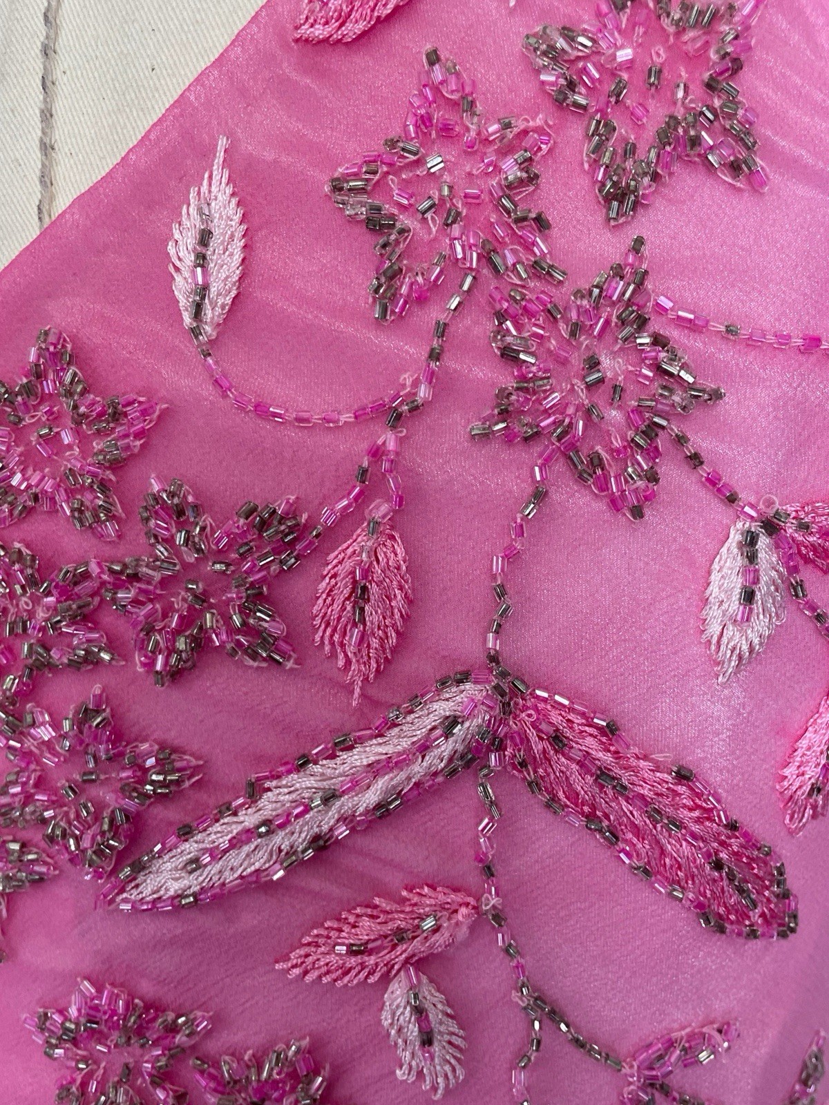 Vintage Y2K Cache Pink white silk ombre floral beaded asymmetric dress fairy XS