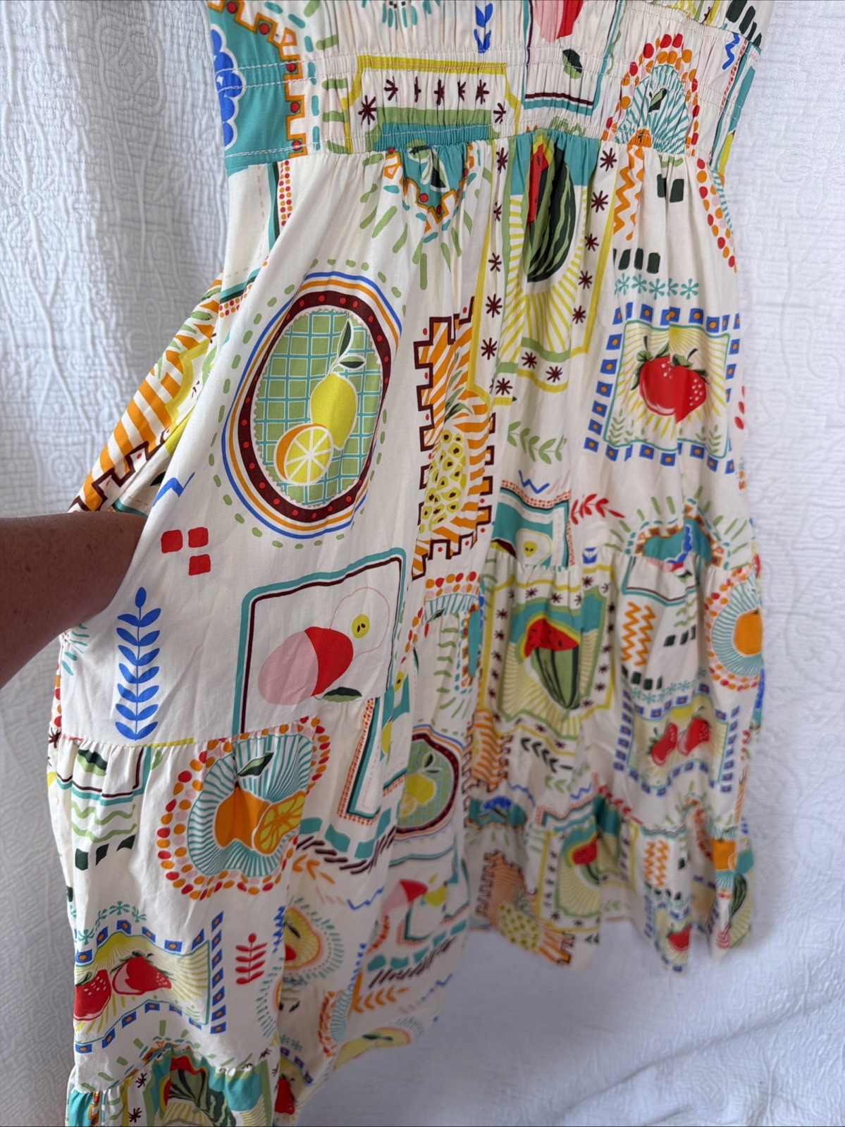 Easel Fruit Print Cotton Tiered Midi Dress Small Short Sleeve Garden Cottagecore