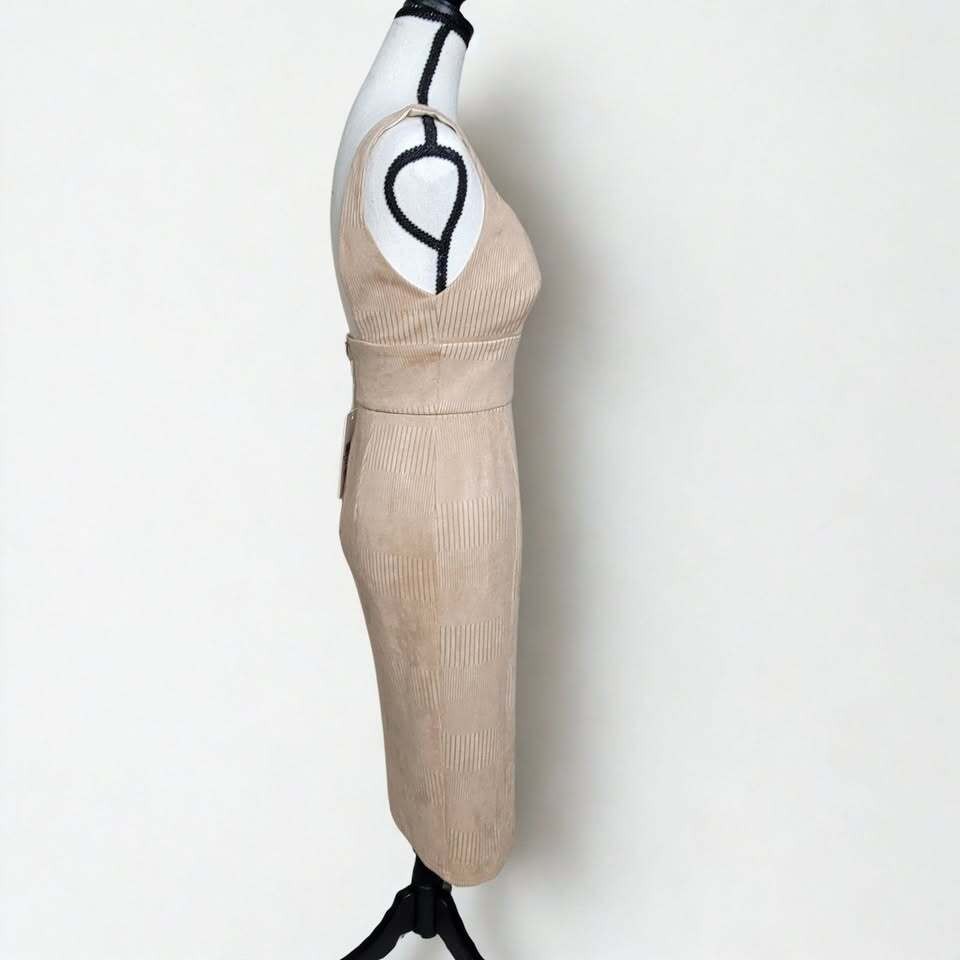 NWT Saints + Secrets Medium Nude Beige Suede Ribbed Bodycon Midi Sheath Dress