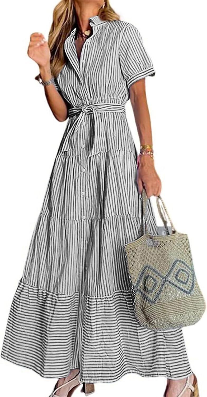 2025 Womens Short Sleeve Button Down Tie Waist Ruffled Striped Maxi Shirt Dress