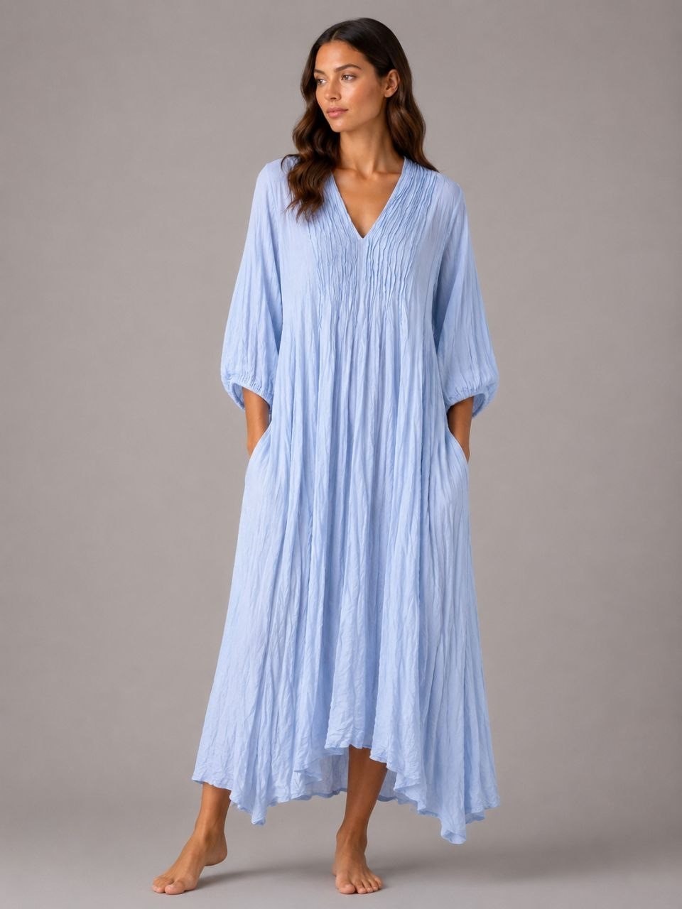 NEW LightBlue Cotton Boho Maxi Dress Oversized Relaxed Fit with Pockets Thailand