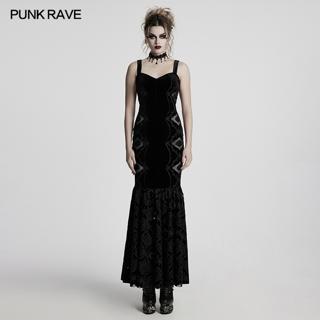 Punk Rave Women Black Gothic Retro Velvet Embroidered Long Fishtail Party Dress