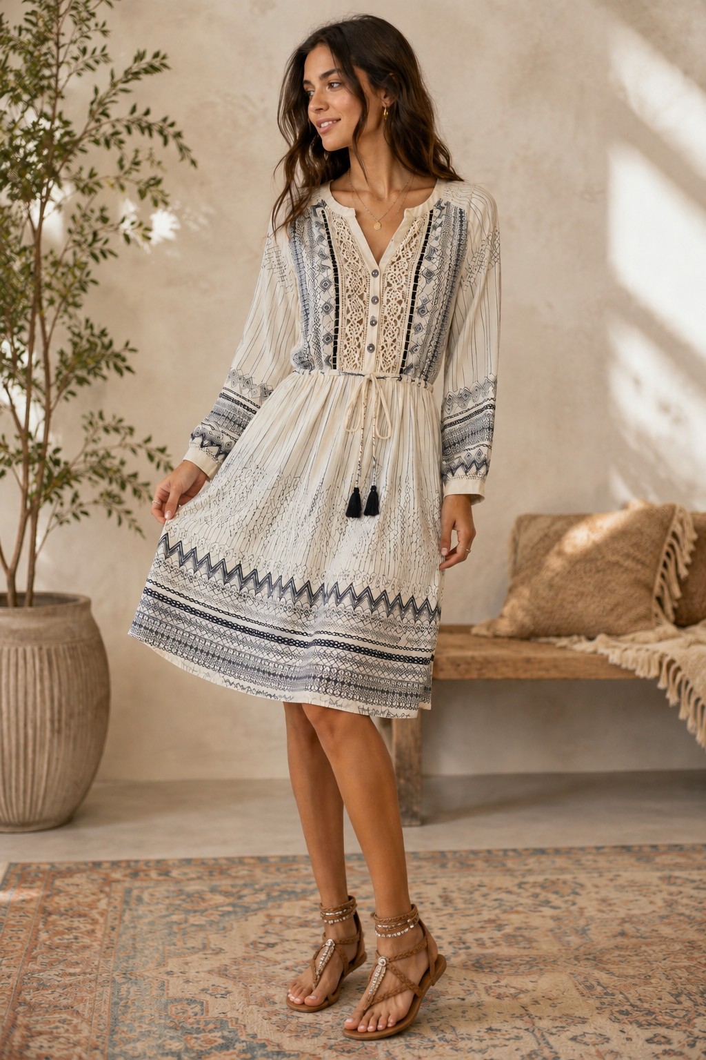 Anthropologie Floreat Perrie Peasant Dress Ivory Black Crochet Size 10 Boho