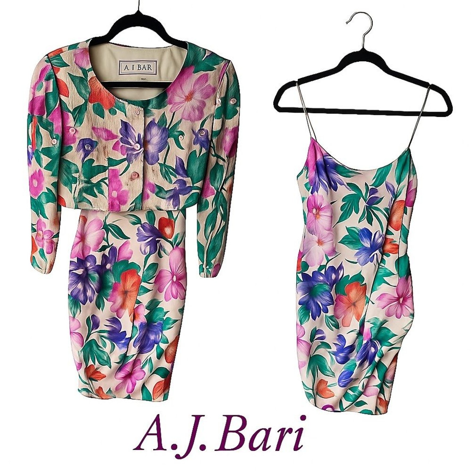 Vintage 80s A.J. Bari Silk Sequin Floral Dress Set Bold Cocktail Party Glam 2