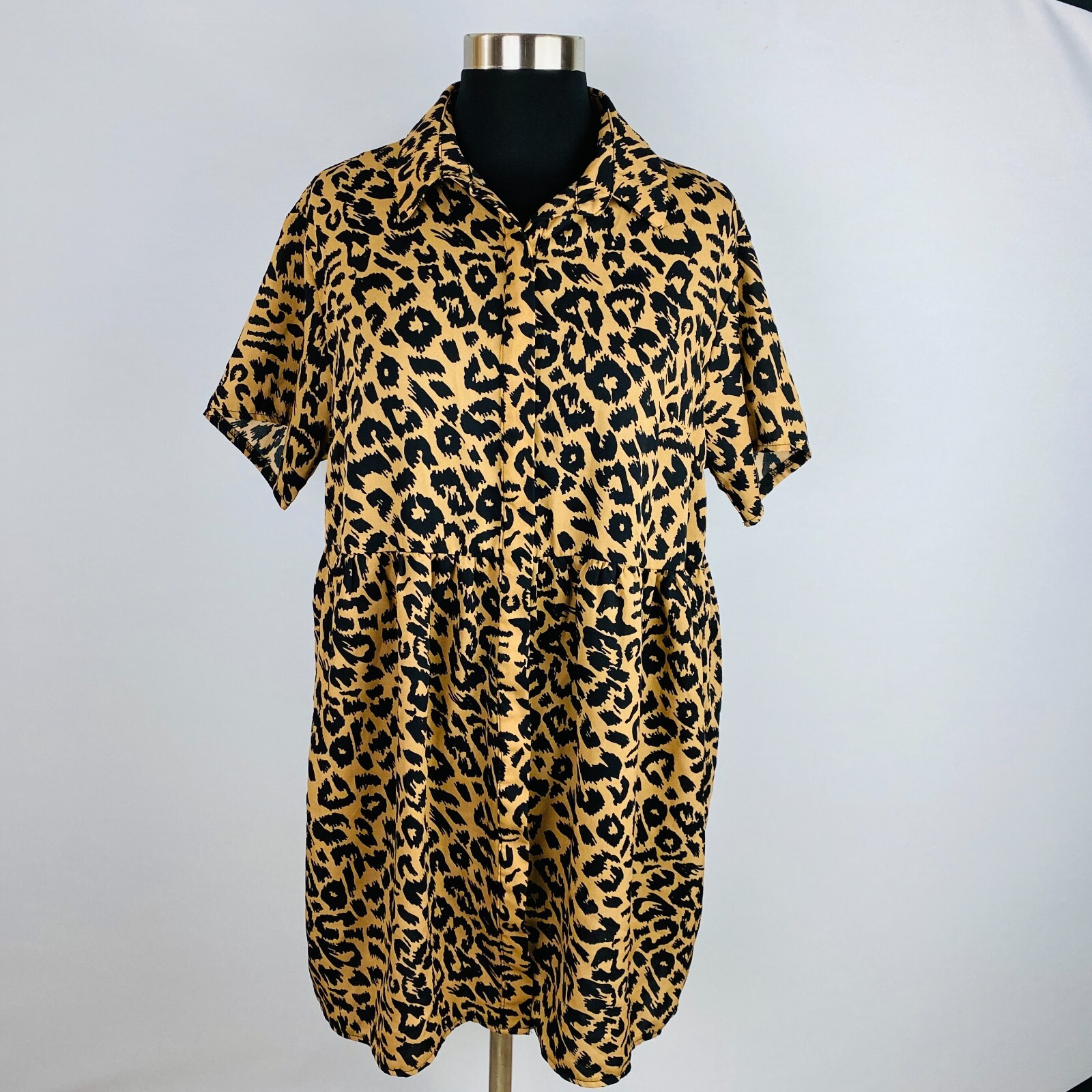 Missguided Shirt Dress Womens Hidden Button Front Collared Tan Black Leopard 4