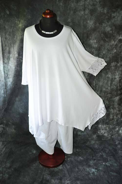 Lagenlook sophisticated mega wide A-line tunic with lace jersey WHITE XXXL,XXXXL