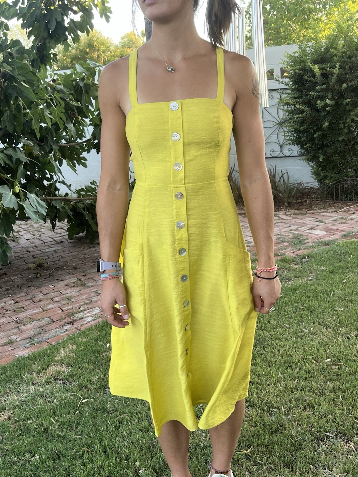 Lumiere Chartreuse yellow Button-Front Midi Dress Sz S Square Neck Open Back