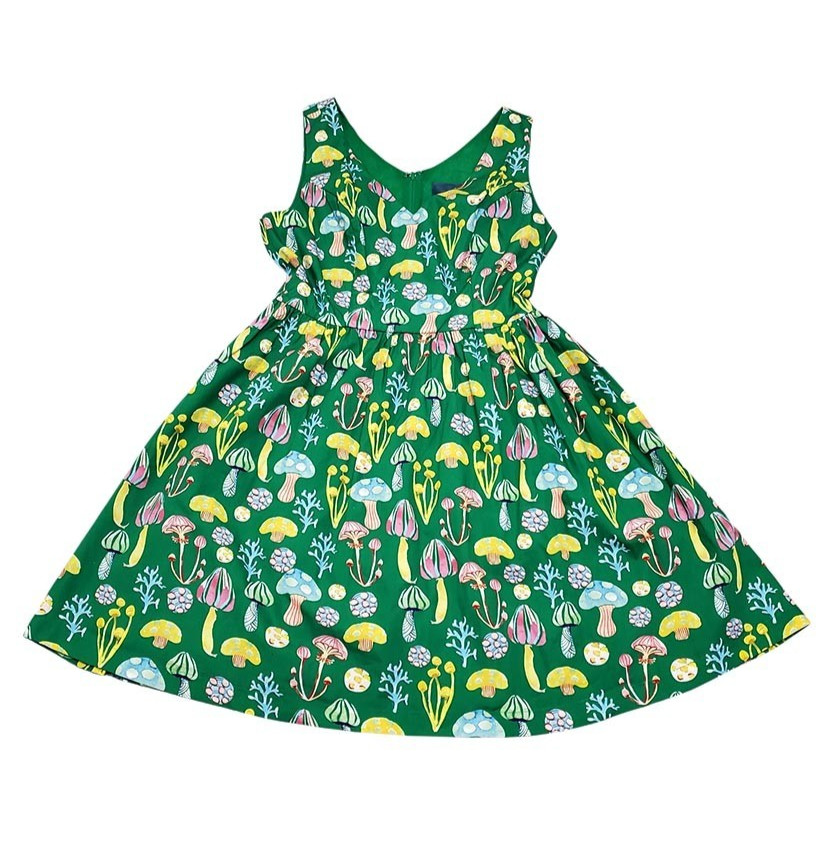 ModCloth Pleasant Temperament Mini Dress L Mushrooms Green Sleeveless Cotton