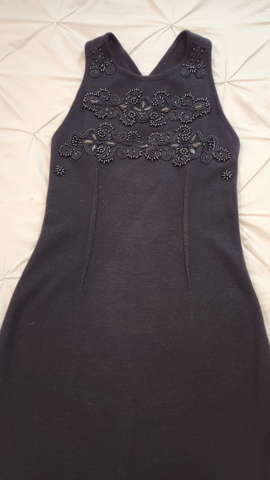 VTG 90s Carole Little Black Beaded Bodycon Wool Blend Dress Criss Cross Back (P)
