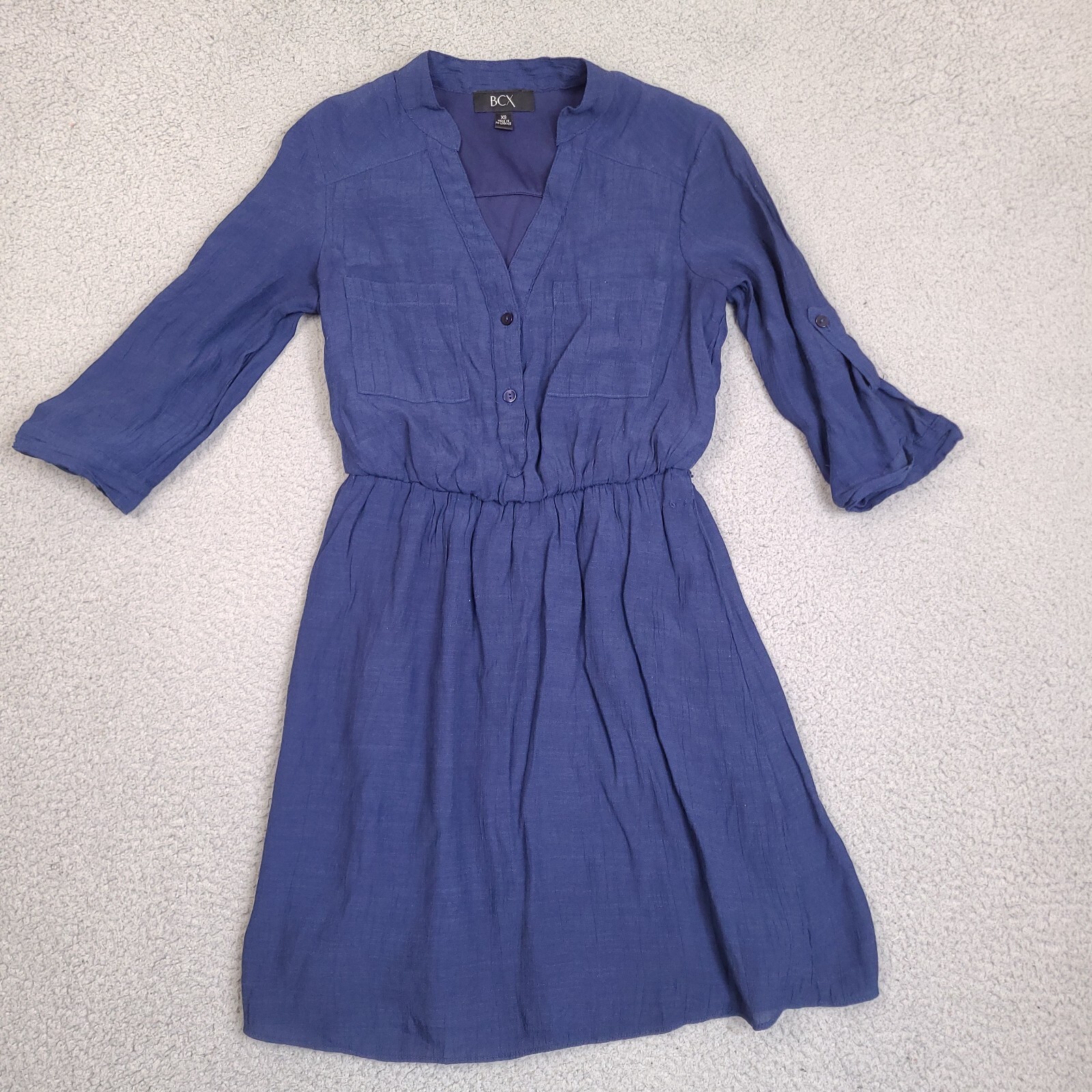 BCX Women’s Roll Tab Sleeve Button Up Dress Size XS Blue Rayon Blend Lined