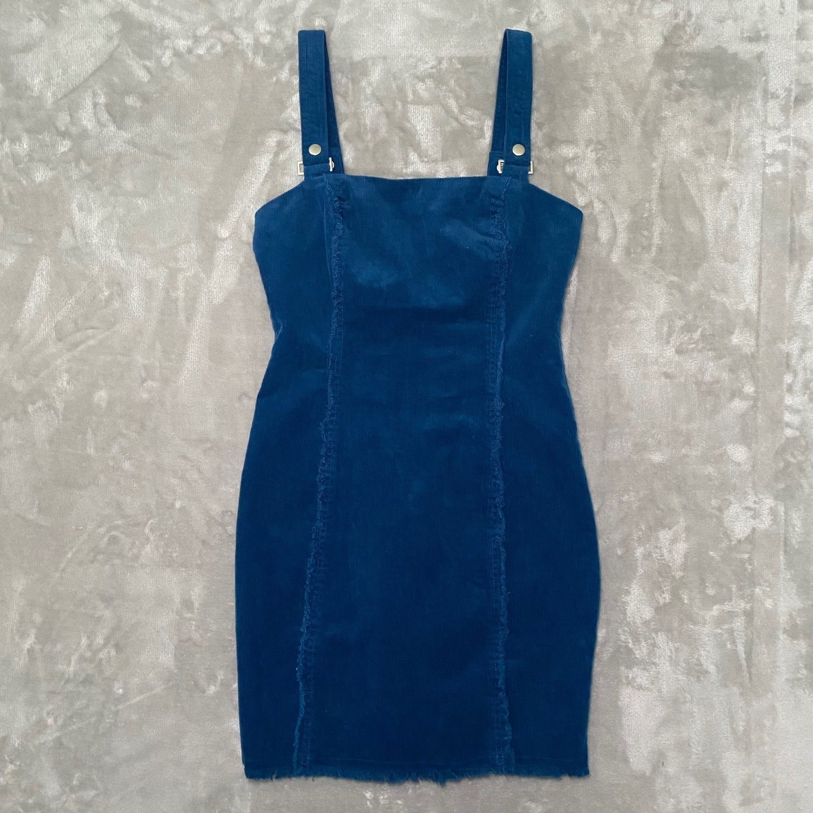 Forever 21 Corduroy Mini Dress Women Medium Blue Raw Edge Frayed Hem Zipper Back