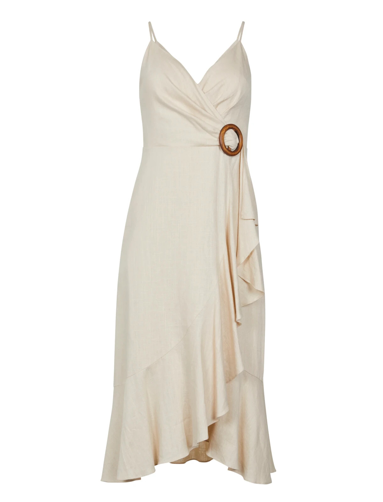 BCBGMAXAZRIA LINEN BLEND “DORIS” RUFFLED MIDI DRESS IN COROZO SIZE 10-$268
