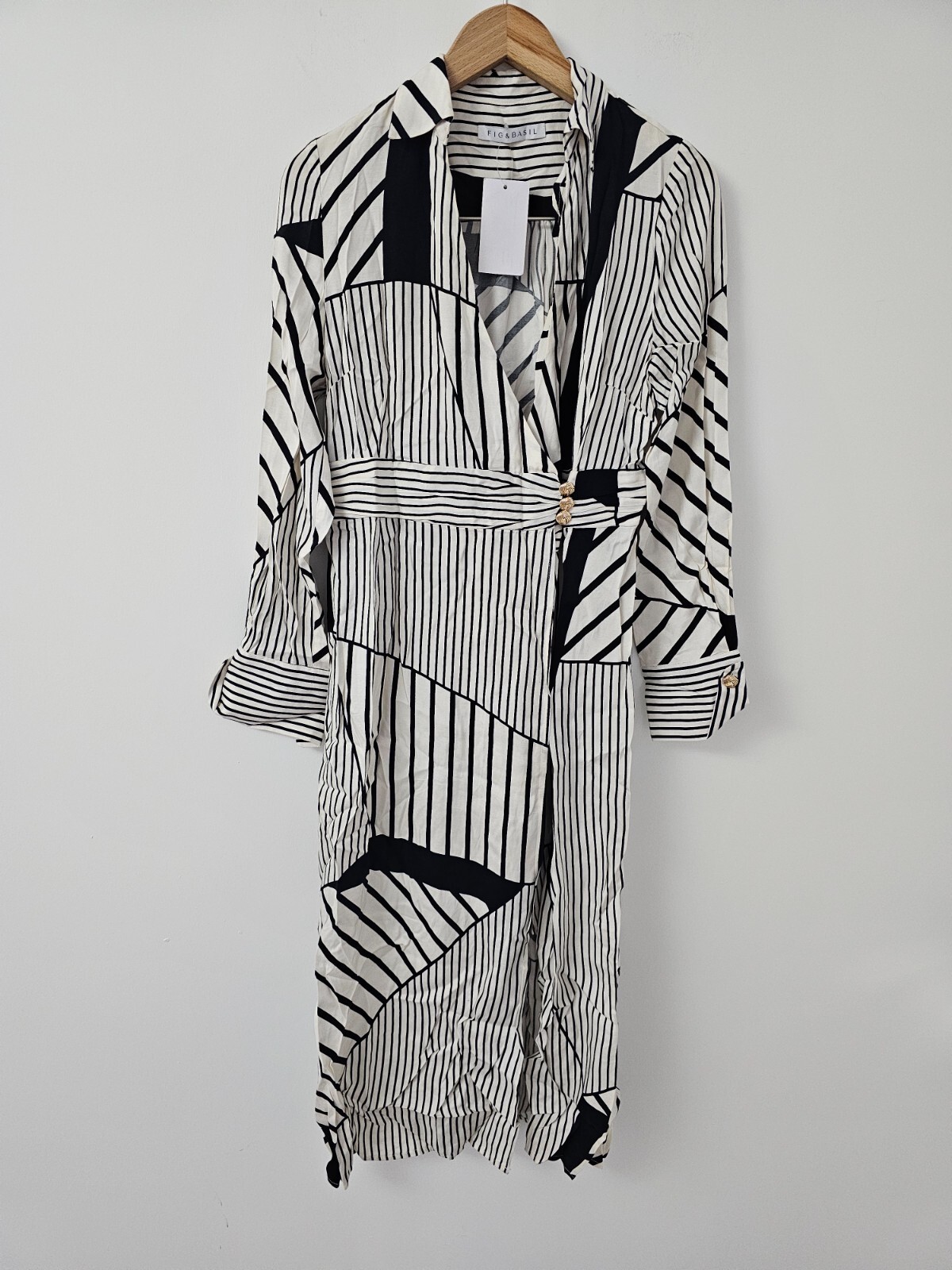 Fig & Basil Womens Black Stripe Midi Shirt Dress UK10 Viscose Long Sleeve