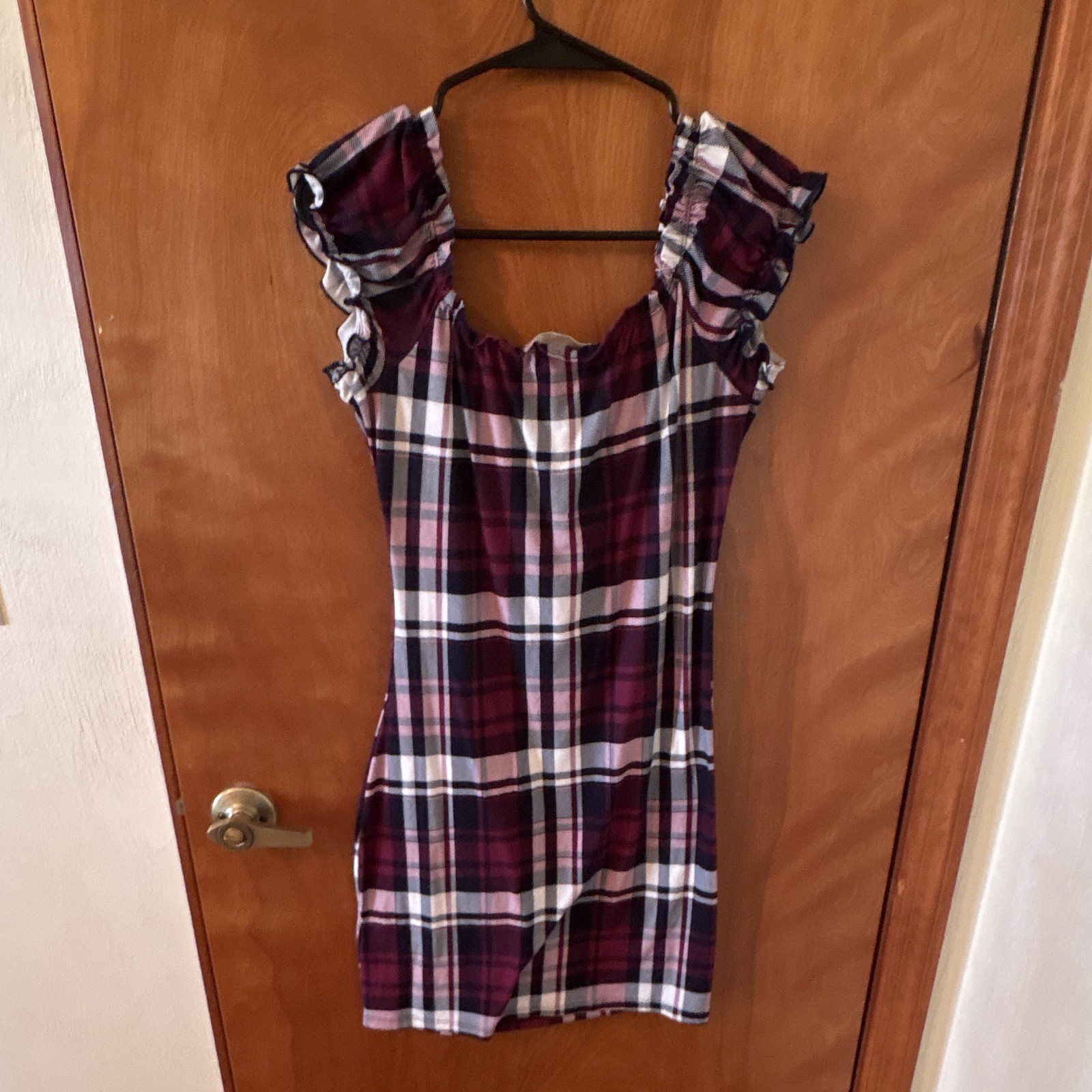no comment NY-LA L Purple/White/Black Plaid Square Neck Puff Sleeve Mini Dress