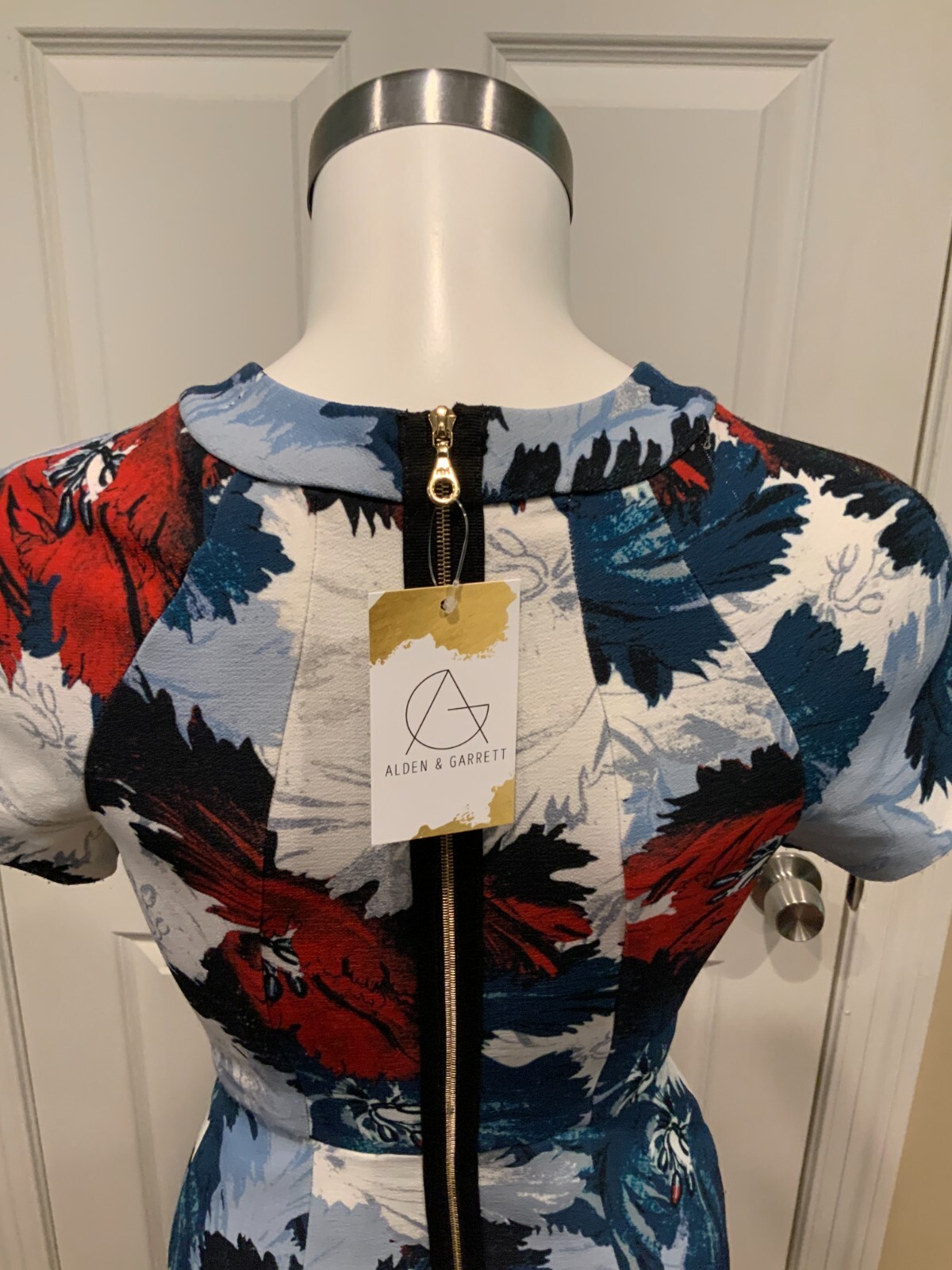 Erdem White, Blue & Red Floral Short Sleeve Cutout Sheath Dress, Size 0