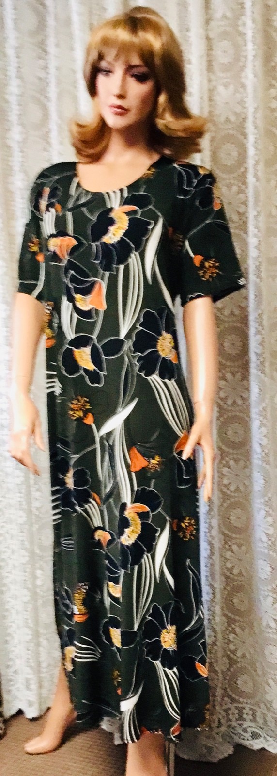 JOSTAR LONG DRESS Poly Spandex Slinky Knit TRAVEL OLIVE FLORAL S M L XL 2X 3X