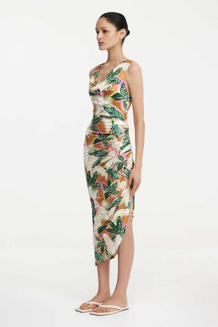 Significant Other Freda Palm Print Midi Dress Cowl Neck Ruched Bodice Sz 10