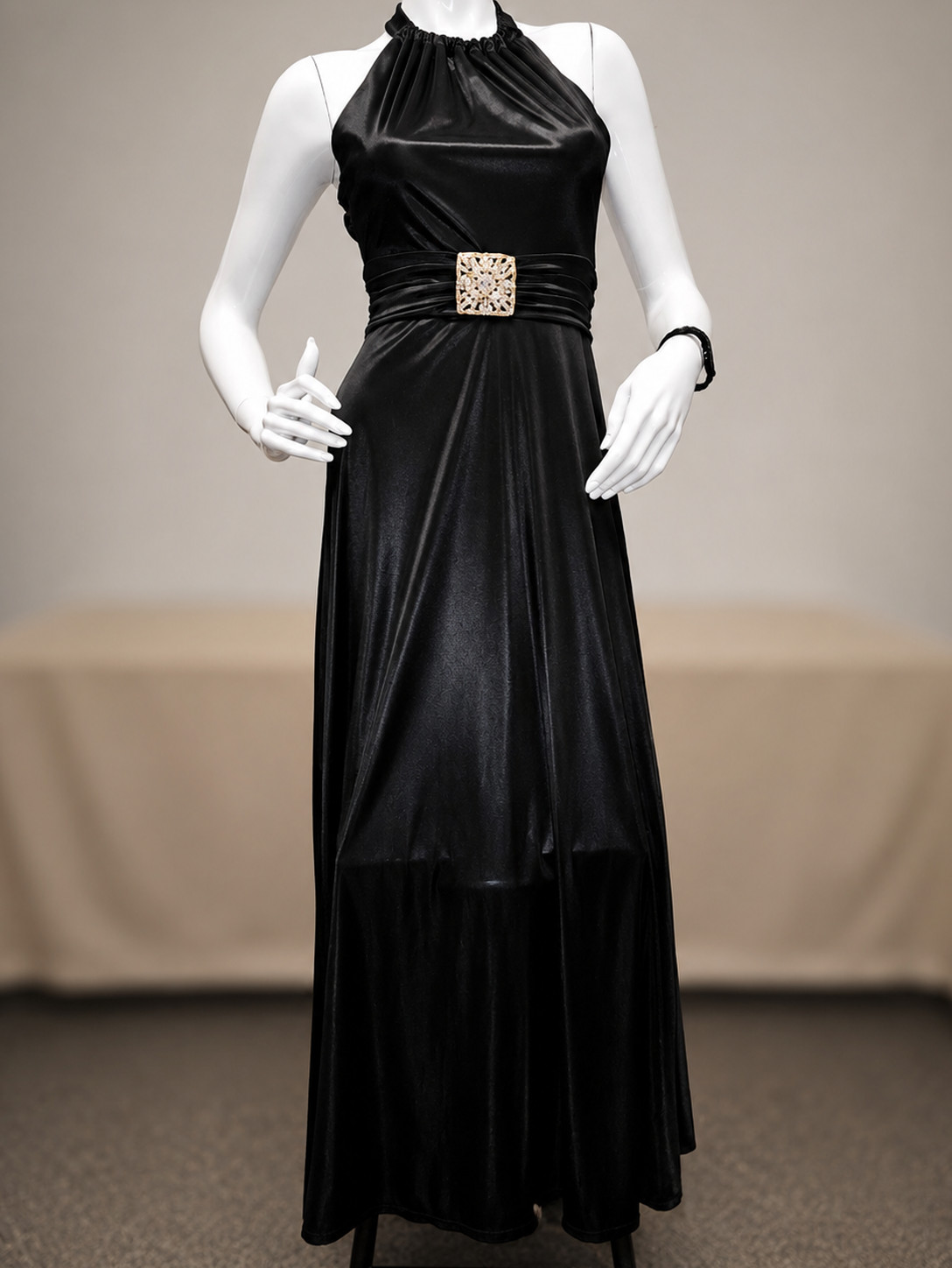 Black halter top satin stretch evening gown maxi with empire waist Size Small 4