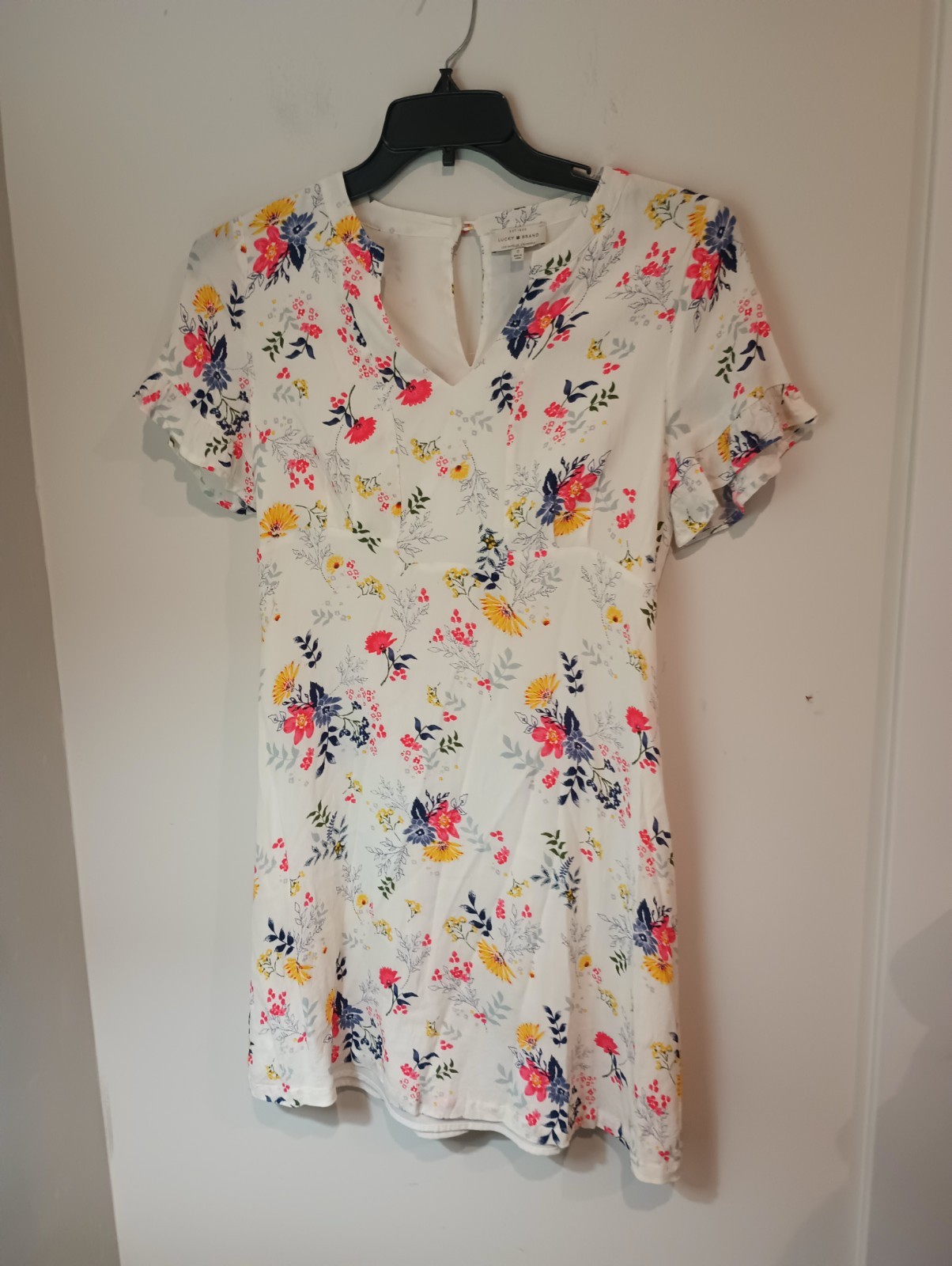 Lucky Brand Floral Mini Dress Size S White Pink Yellow V-Neck Short Flutter…