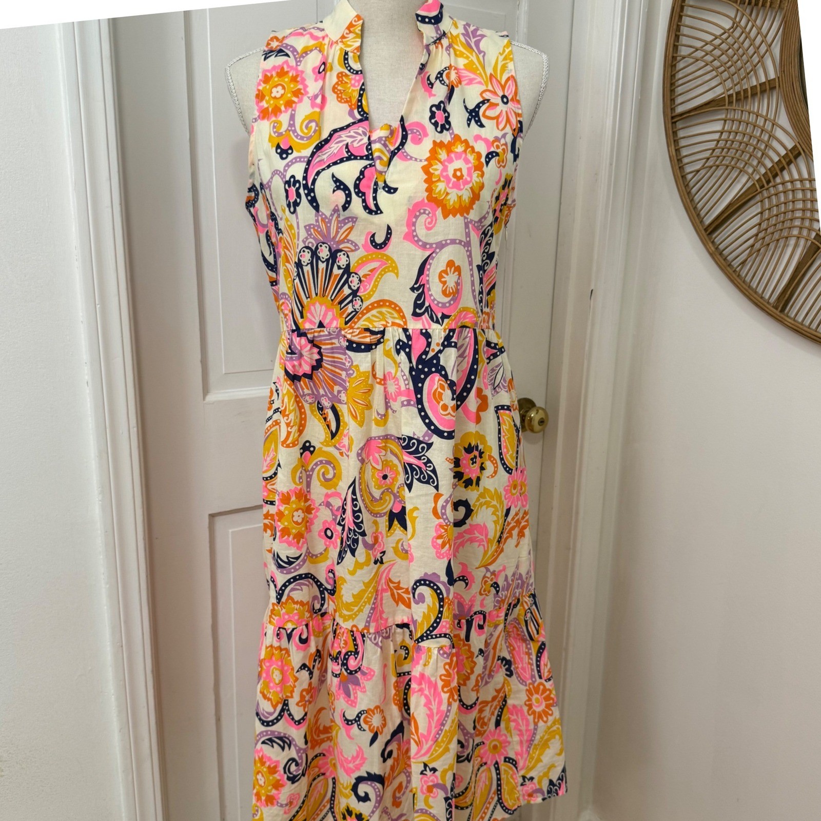 Julie Brown NYC Tiered Colorful Midi Dress M Cotton Coastal Resort Boho Bright