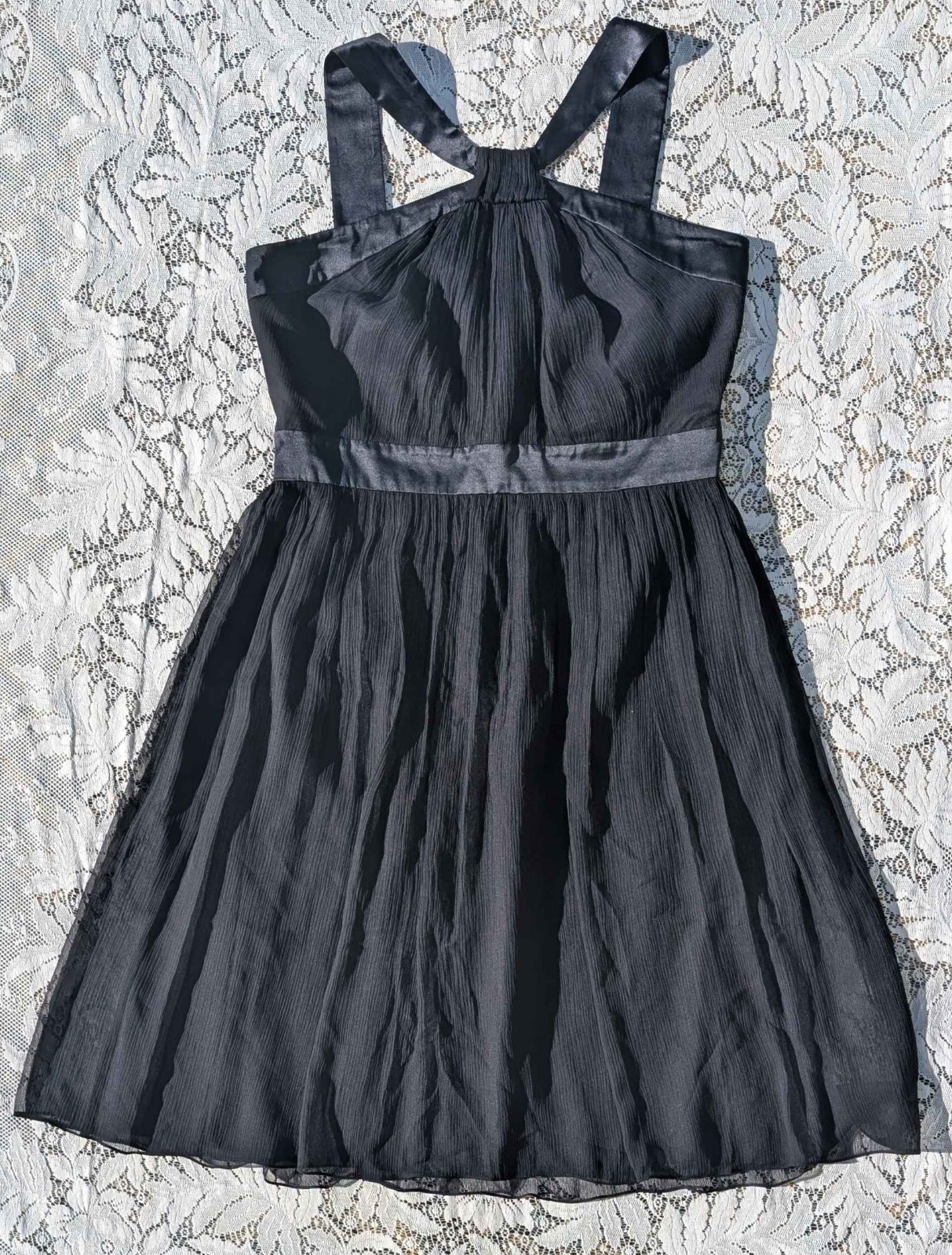 Retro 60s 90s Y2K Gothic Goddess Black Silk Chiffon Satin Trim Halterneck Dress