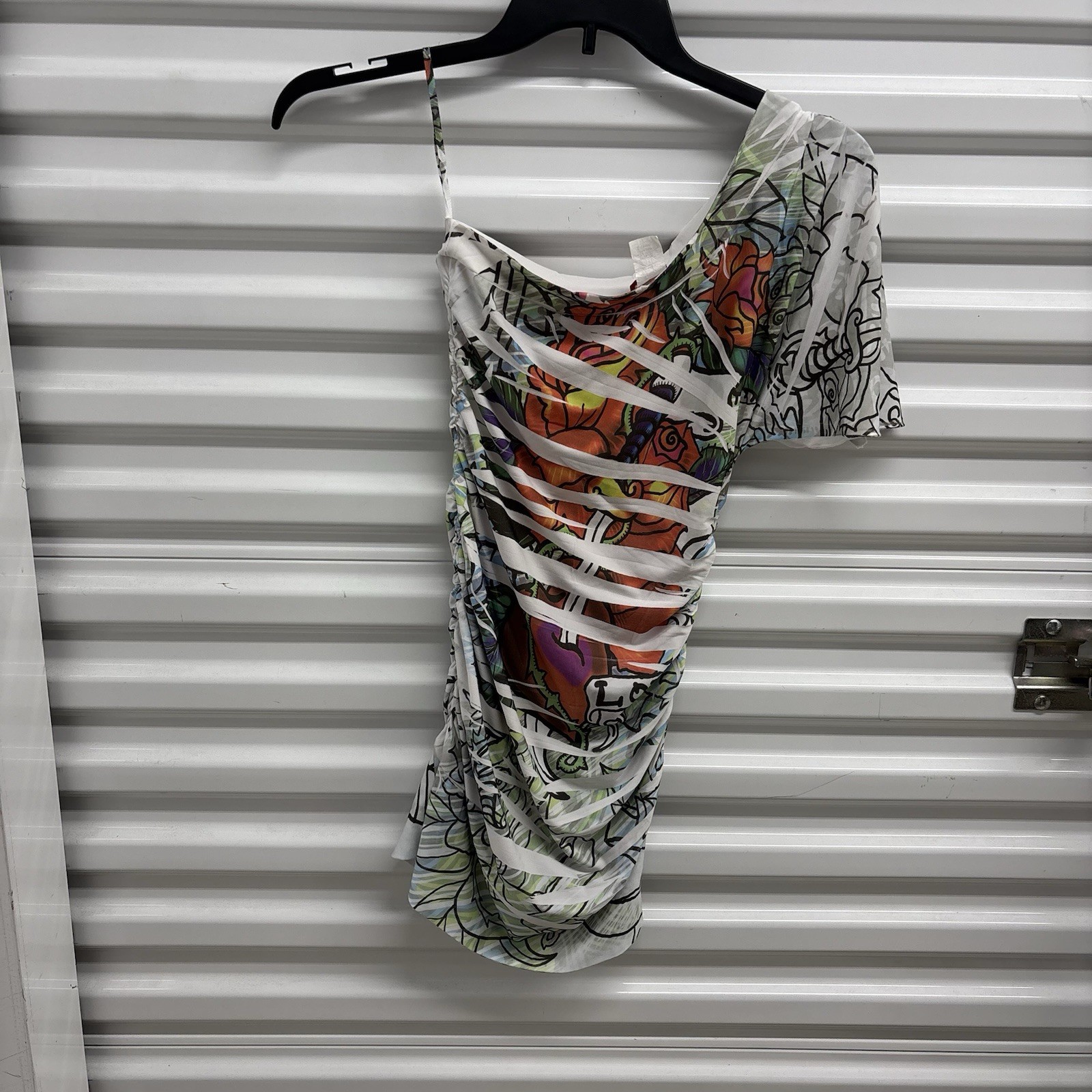 Vintage Y2K Bodycon One Shoulder Mini Dress Affliction Style Graffiti Mcbling S