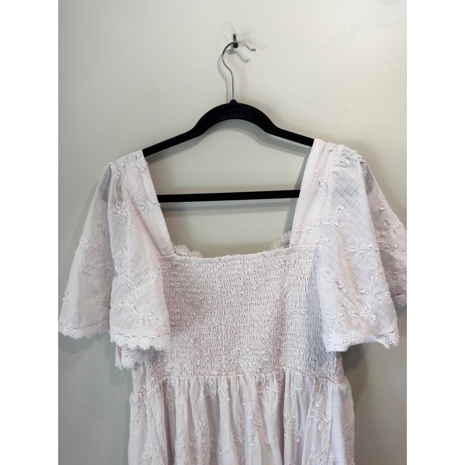Shein White Eyelet Embroidered Maxi Dress Flutter Sleeve Smocked Back Large