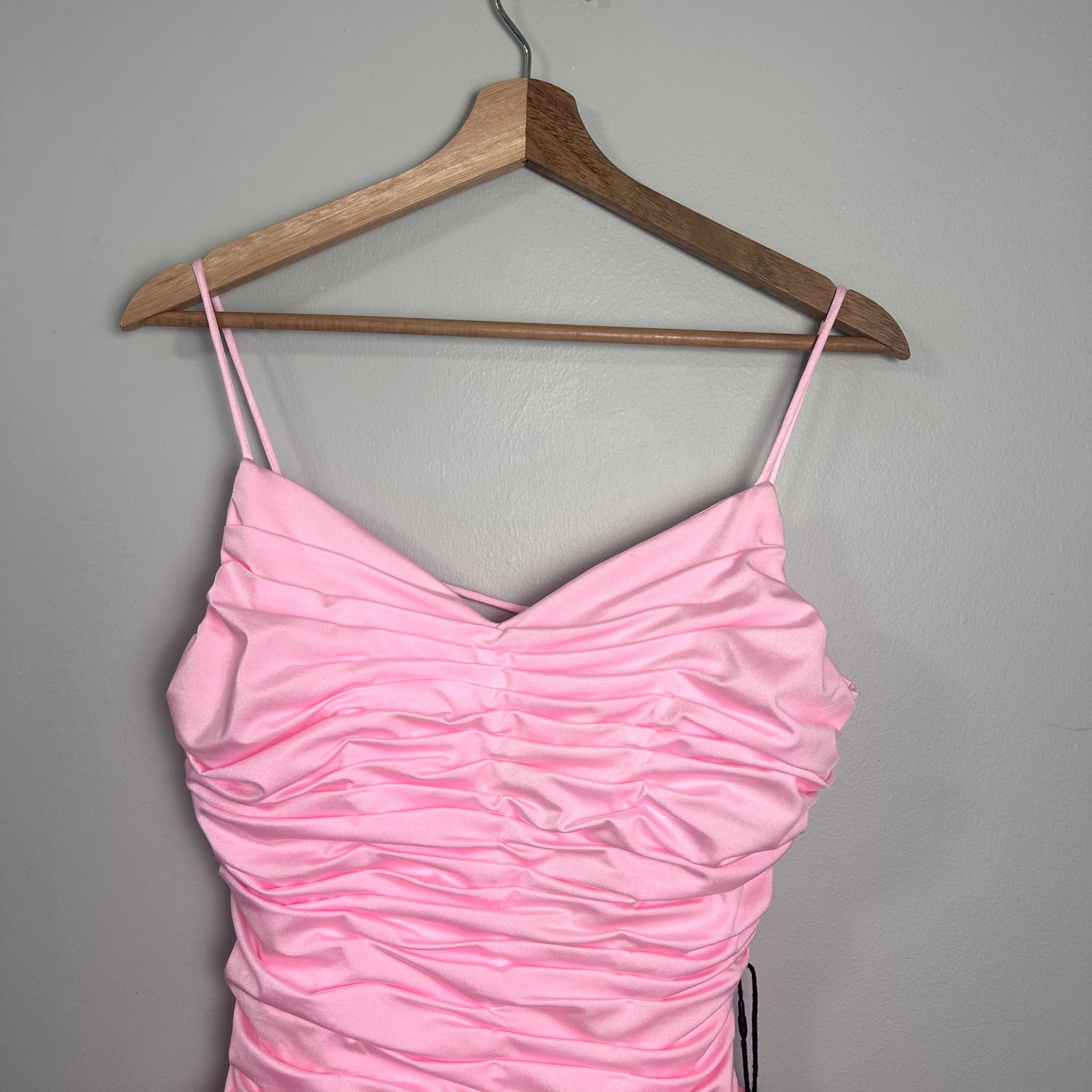 KissProm Spaghetti Strap Sheath Lace Up Back Homecoming Dress Ruched Ruffle sz 9