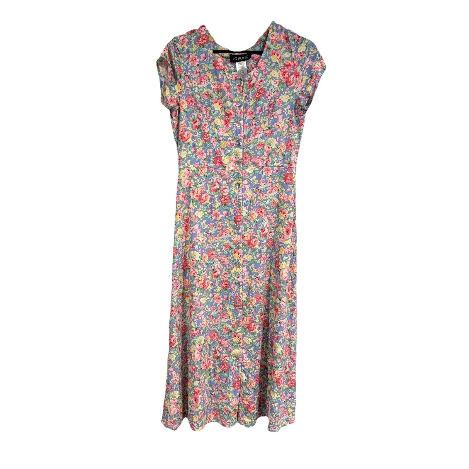 Vintage J.G. Hook Dress Womens 8 Blue Multi Floral Fit Flare Linen Button Midi