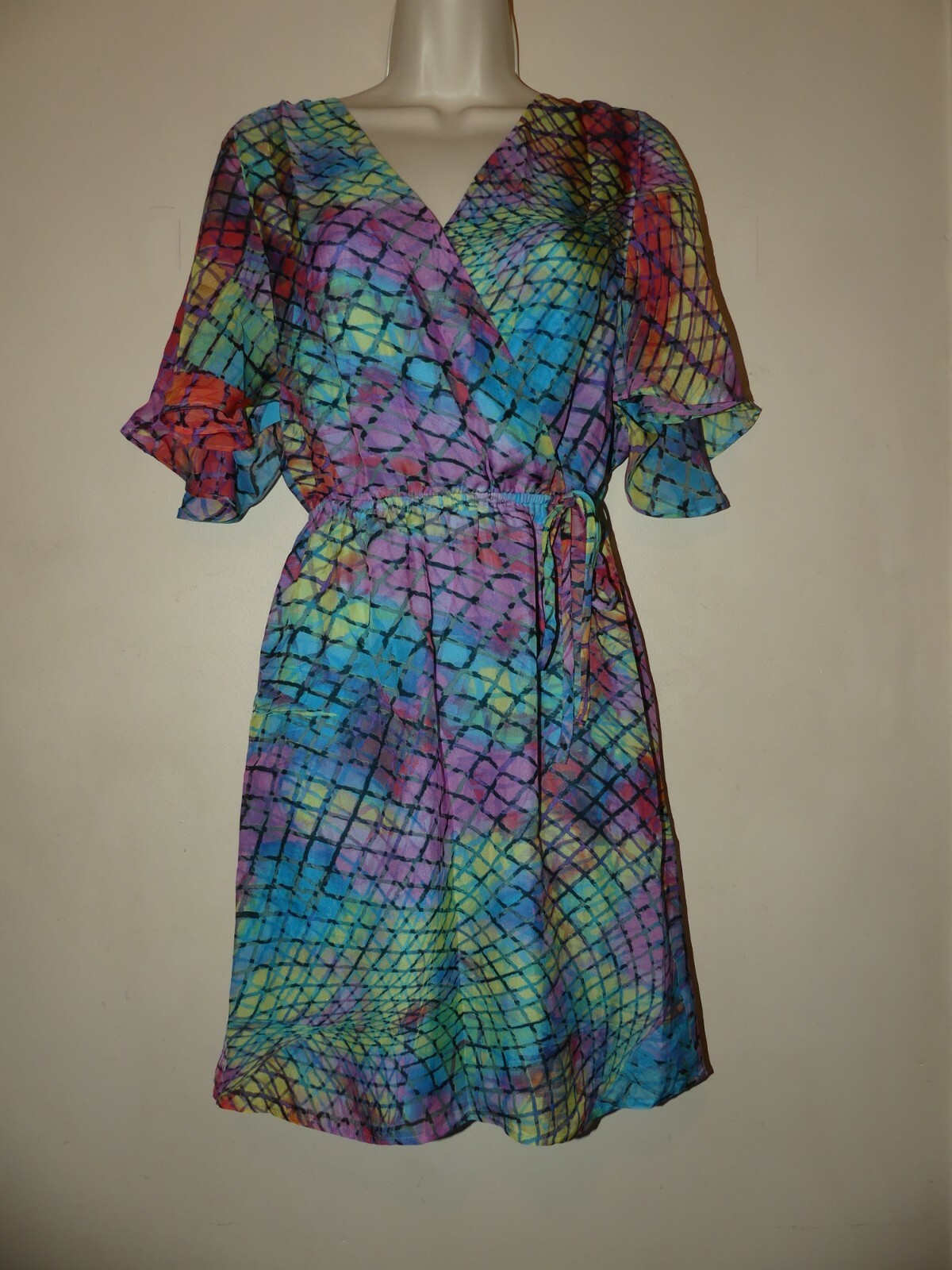 Presley Skye flutter sleeve faux wrap silk dress size XS multicolor print NWT