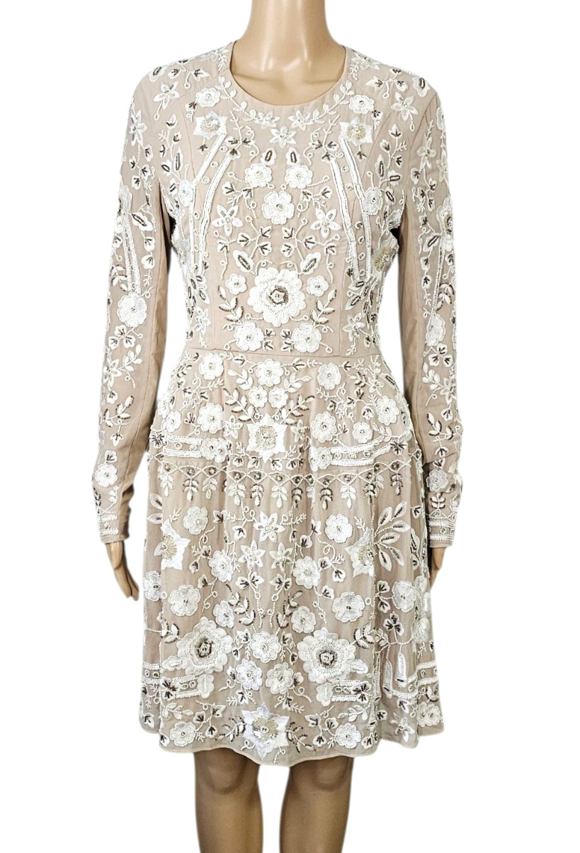 NEEDLE & THREAD Snowdrop Ivory Beige Floral Embellished Long Sleeve Mini Dress 8
