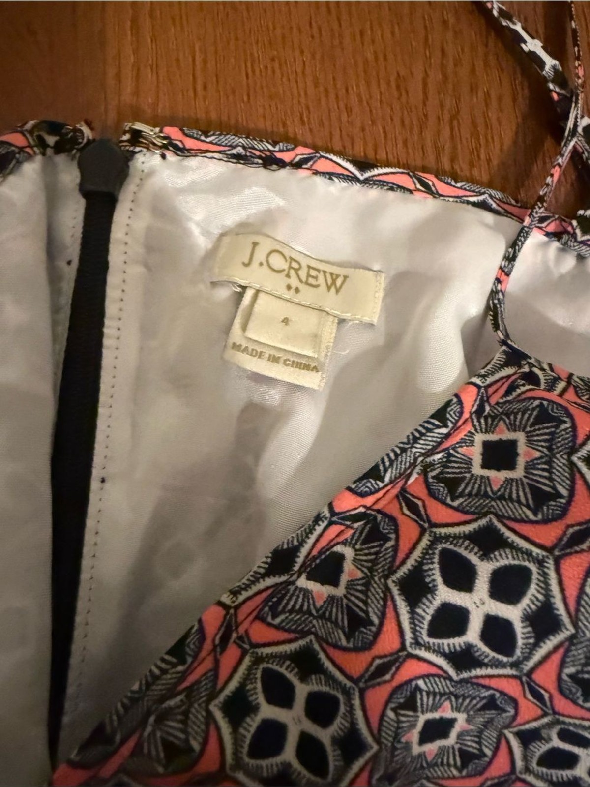 J.Crew Printed Seaside Cami Dress Size 4 Geo Tile Coral Navy Pocket Sundress