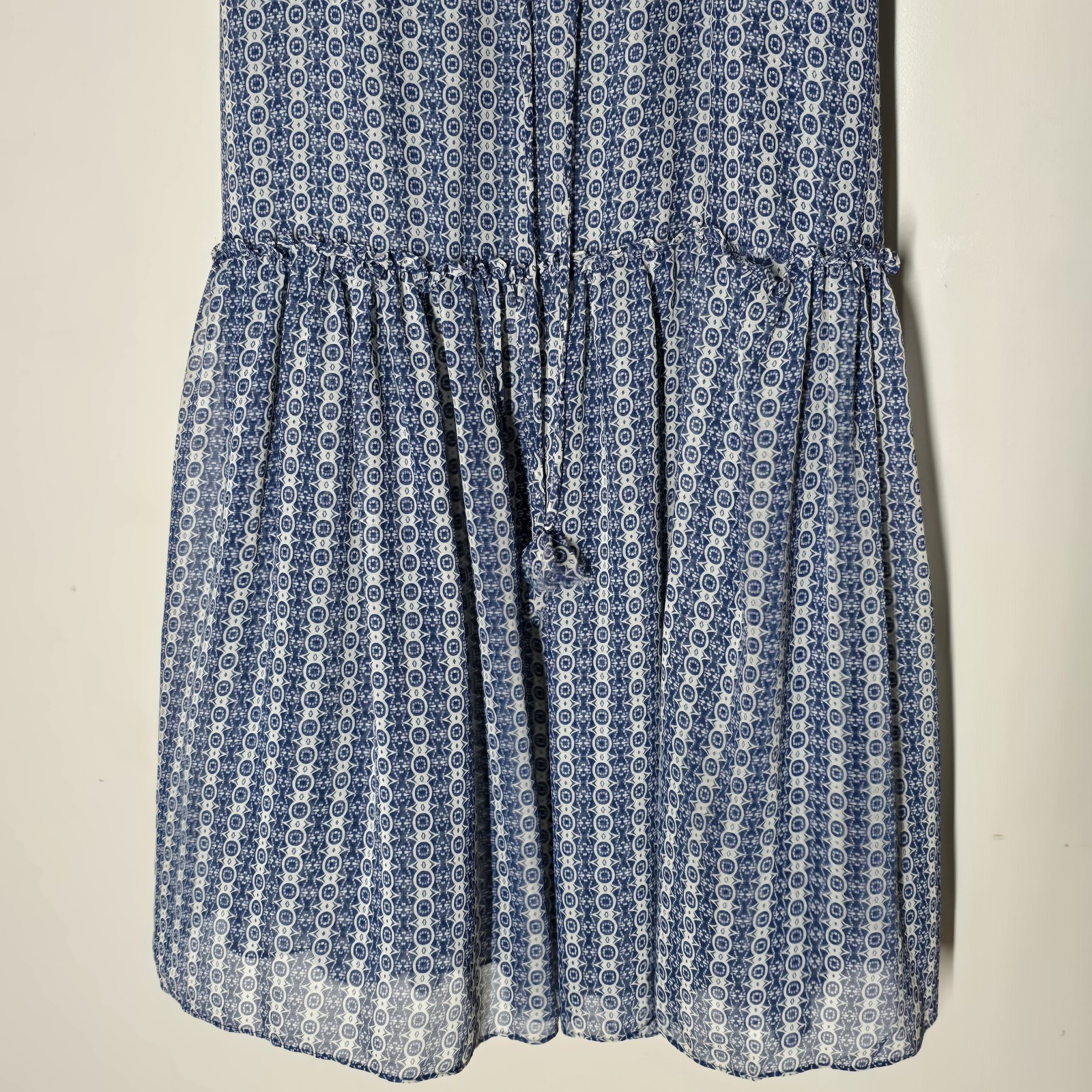 MISA Los Angeles Chiffon Midi Dress Blue Geometric Ruffle Boho Size S