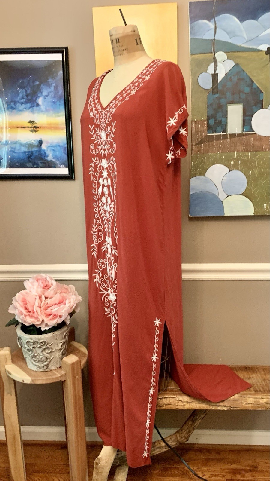 Embroidered V-Neck Maxi Dress in Rust with White Stitching swim cover-up