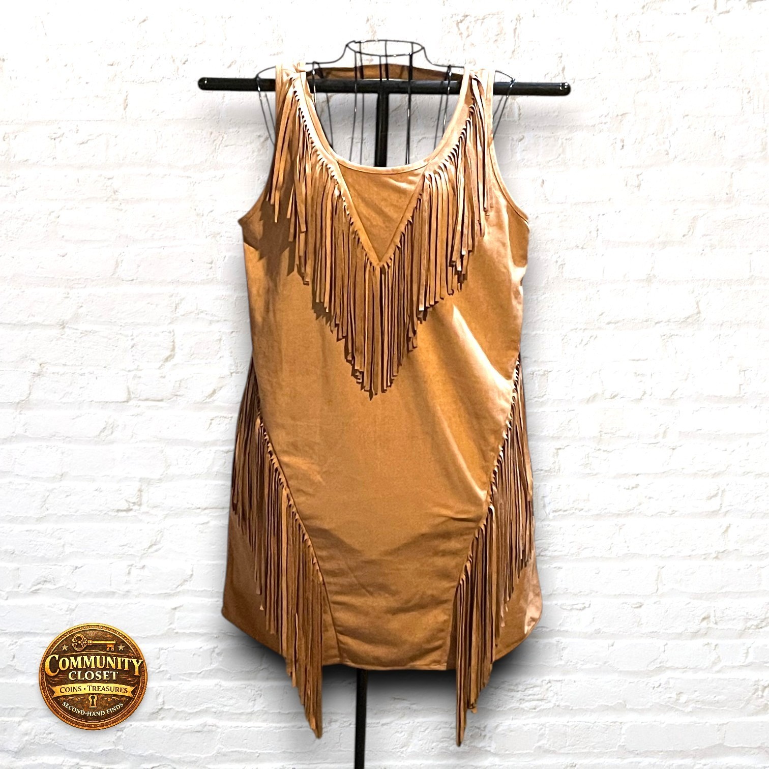 Ya Los Angeles Faux Suede Fringe Dress M Camel Western Boho Festival Tank Mini