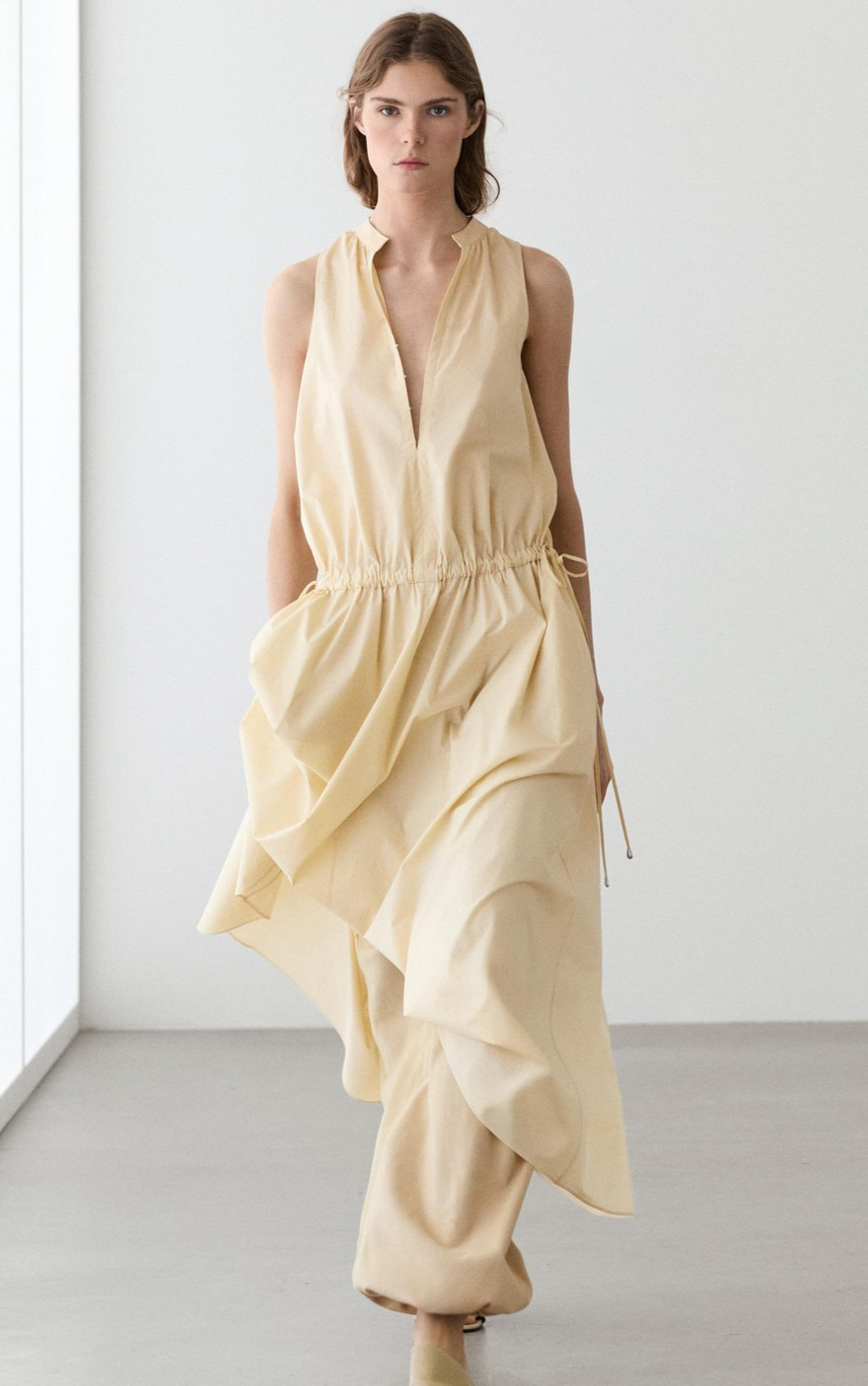 MASSIMO DUTTI SS26 yellow 100% cotton midi dress with elasticated waist 5280/509