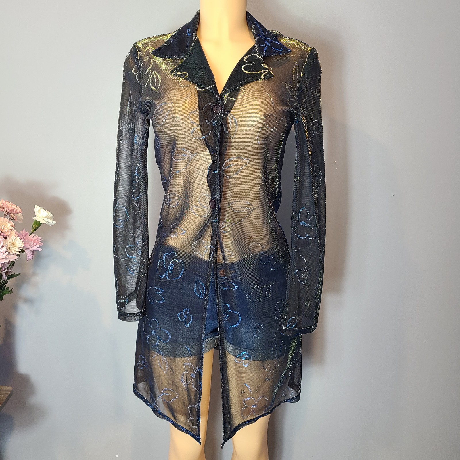 Vtg Y2K Sheer Flare Sleeve Jacket Mesh Sz Small 90s Whimsigoth Iridescent Fairy