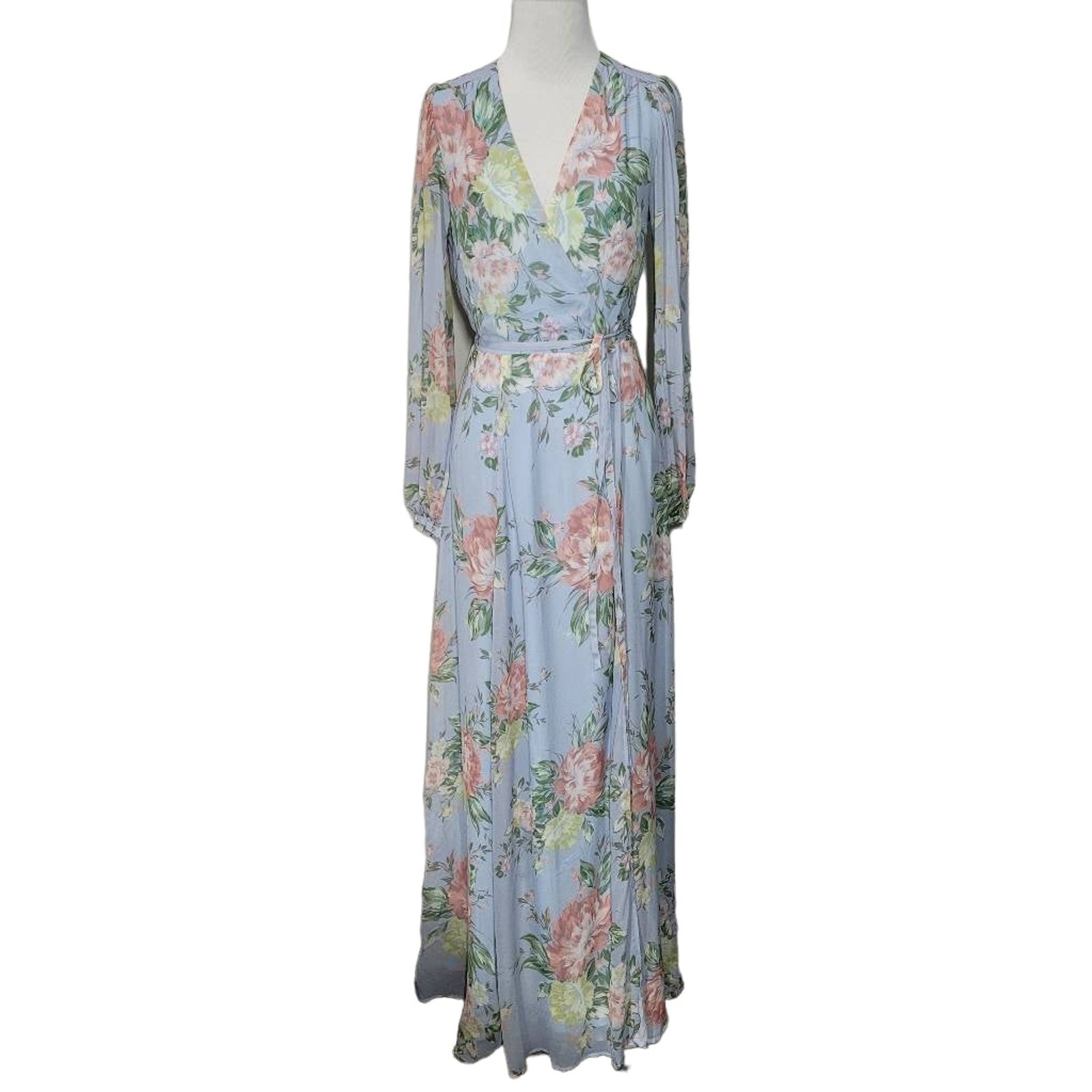 Yumi Kim Heart’s Delight Blue Juliette Maxi Wrap Dress Long Sleeve Size Small