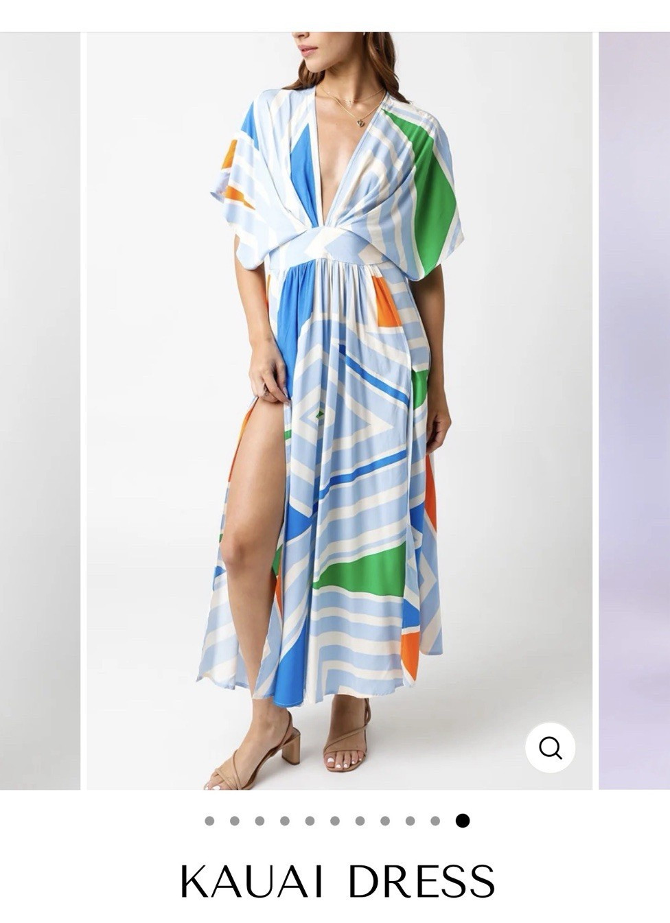 Olivaceous Kauai Maxi Dress L Geometric Print V-Neck Short Sleeve Blue/White