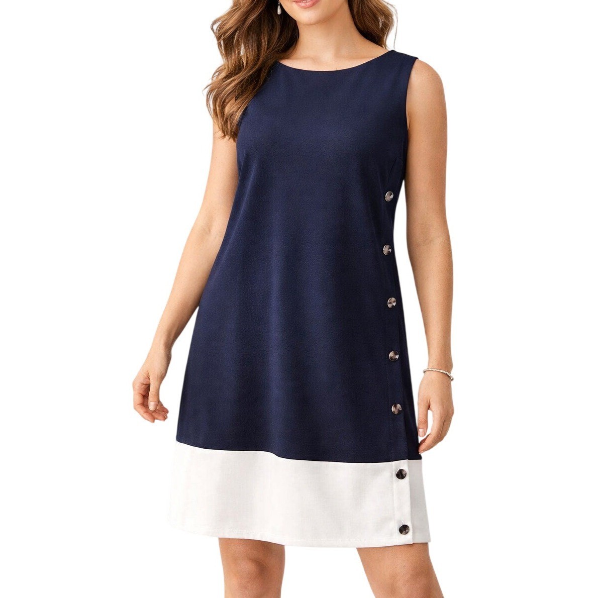 Andrew Marc Dress 16 Navy Blue White Colorblock Side Button Sleeveless Shift
