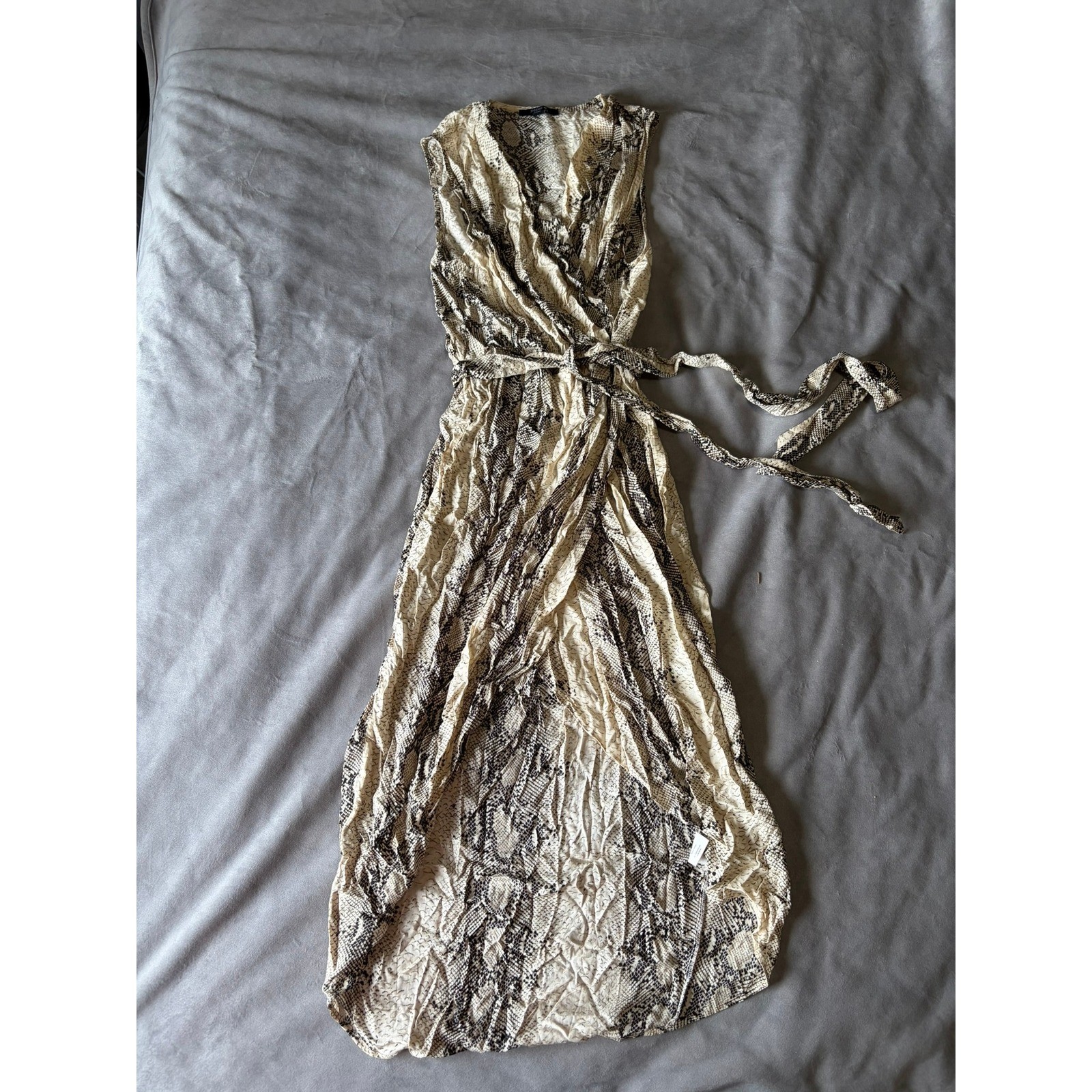 Paper Heart Snakeskin Print Wrap Dress Tan Black Sleeveless High Low Midi Medium